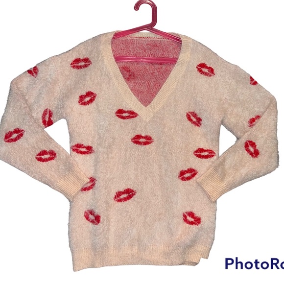 None Tops Pink Lips Fuzzy Sweater Poshmark